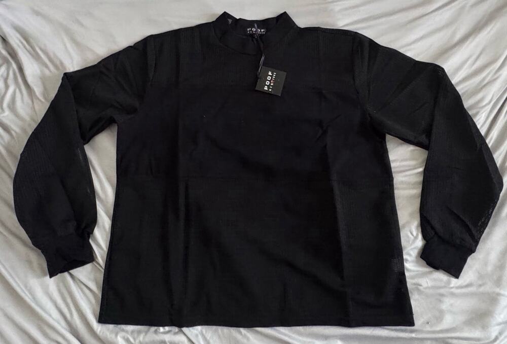 POOF New York Women’s Large Black Sheer Mesh Long Sleeve Mixed Media Top NWT
